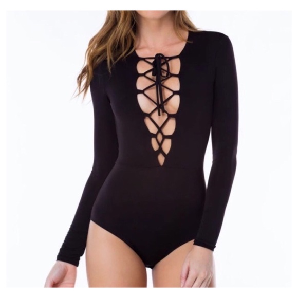 Missguided Tops - Missguided | Long Sleeve Lace Up Ribbed Bodysuit